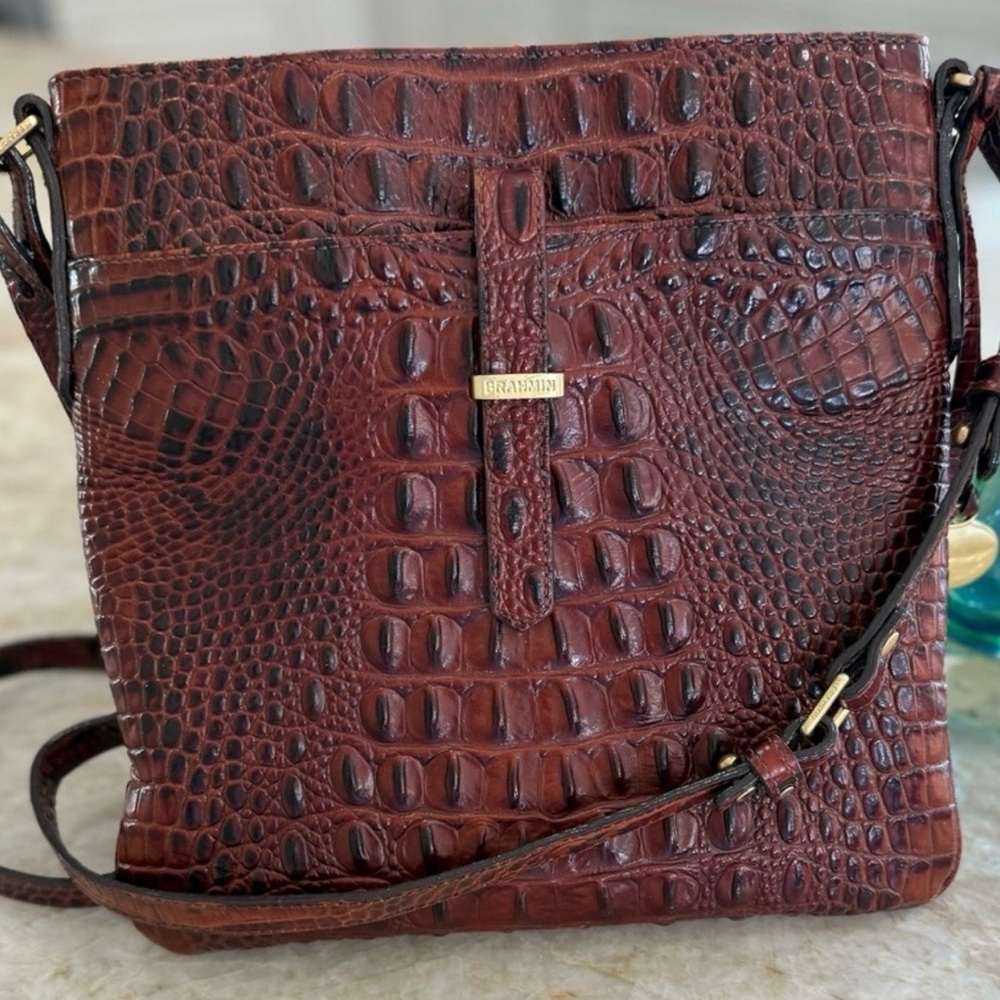 Brahmin embossed crocodile alligator Textured Mahogany Crossbody Bag